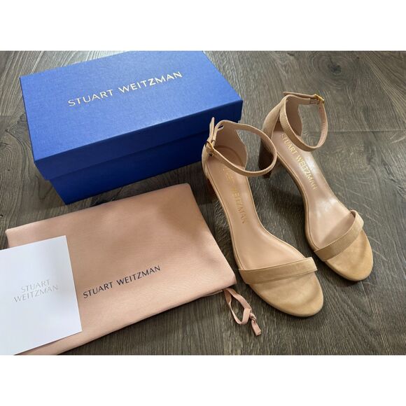 Stuart Weitzman Simple Adobe Suede Stacked Nudist Sandal Heel 39 8.5 NEW W/BOX - Picture 2 of 8